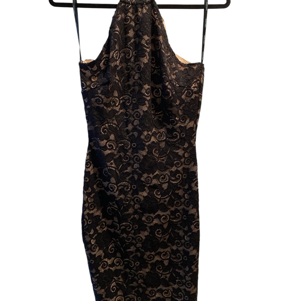 Marciano Black Lace Halter Dress with drawstring neckline, and cutouts in back.